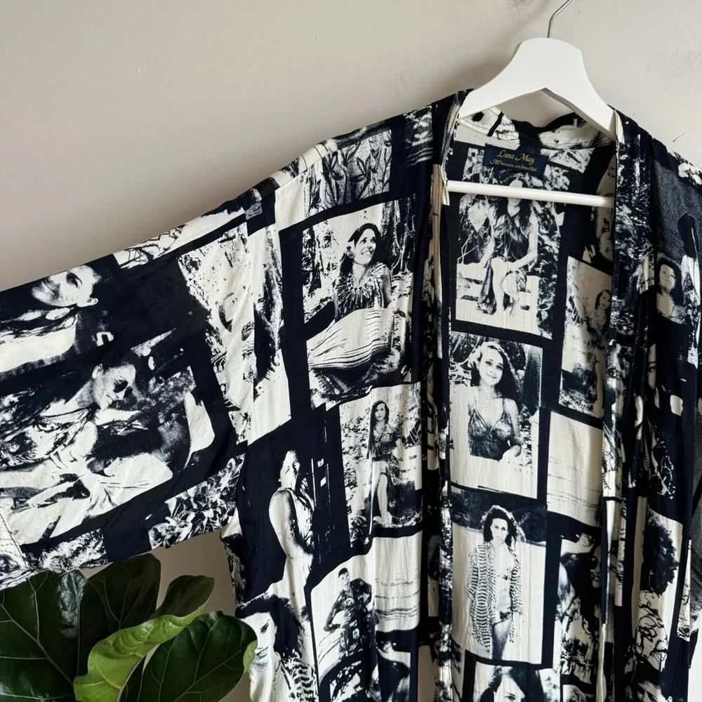 Black and White Graphic Kimono Luna May Belted 100% Rayon Costa Rica Design - Picture 4 of 9